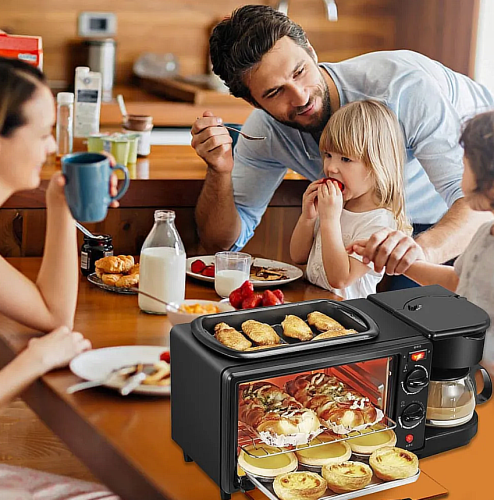Многофункциональная электрическая мини-печь 3 в 1/духовка,кофеварки и гриль/кухонный комбайн/Мультипекарь машина для завтрака фото 11