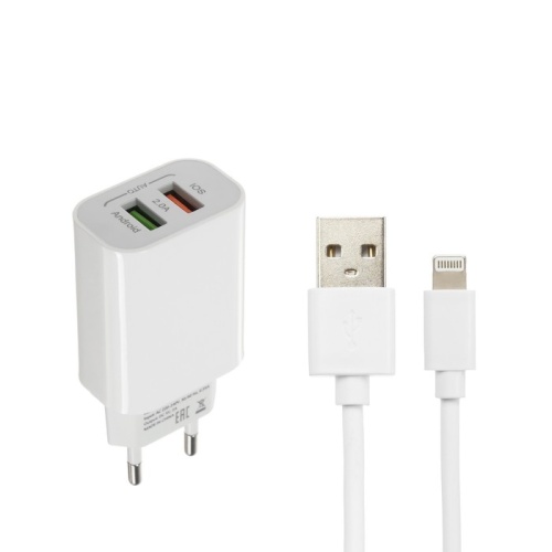 Сетевое зарядное устройство LuazON, 2 USB, 2 A, кабель Lightning, белое