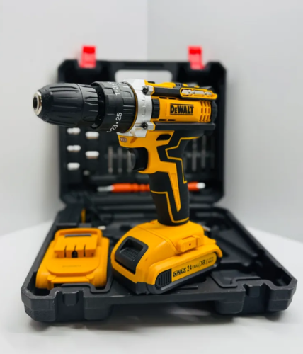 Дрель шуруповерт ударный аккумуляторный, 2 АКБ 24В , 24 насадки и зарядная станция в наборе