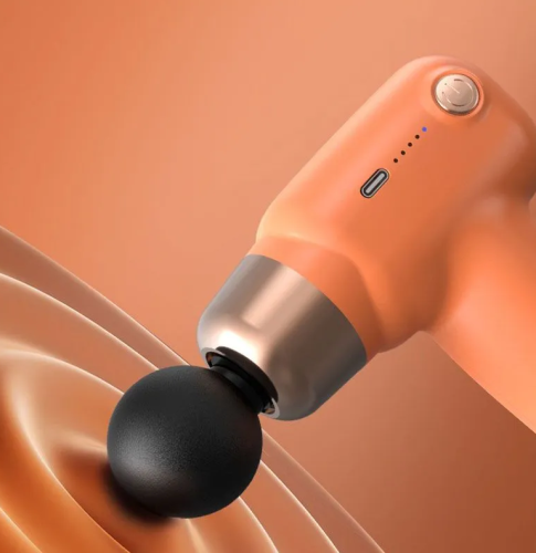 Мини массажный пистолет, Перкуссионный массажер для тела, 3200 уд/мин, c 4 насадок, 5 скоростей, зарядка Type-C, оранжевый фото 7