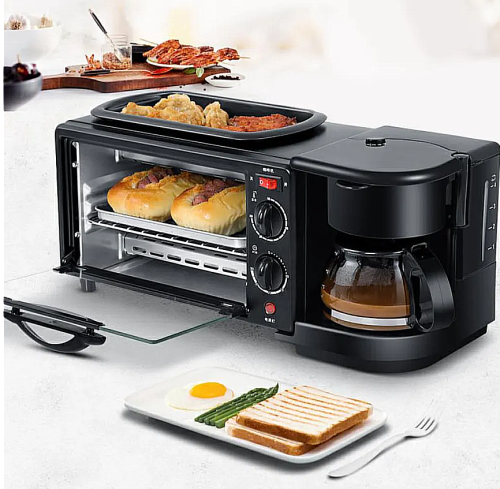 Многофункциональная электрическая мини-печь 3 в 1/духовка,кофеварки и гриль/кухонный комбайн/Мультипекарь машина для завтрака фото 10