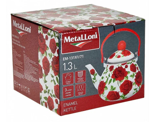 Чайник эмалированный METALLONI EM-131 Дикая роза 1,3л | Чайник из нержевейки Металлони | Чайник железный фото 3