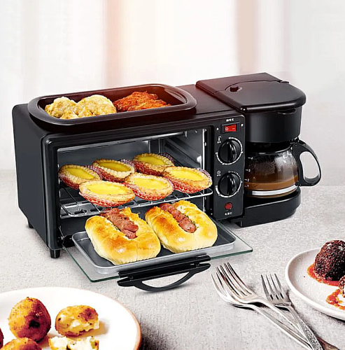 Многофункциональная электрическая мини-печь 3 в 1/духовка,кофеварки и гриль/кухонный комбайн/Мультипекарь машина для завтрака фото 12